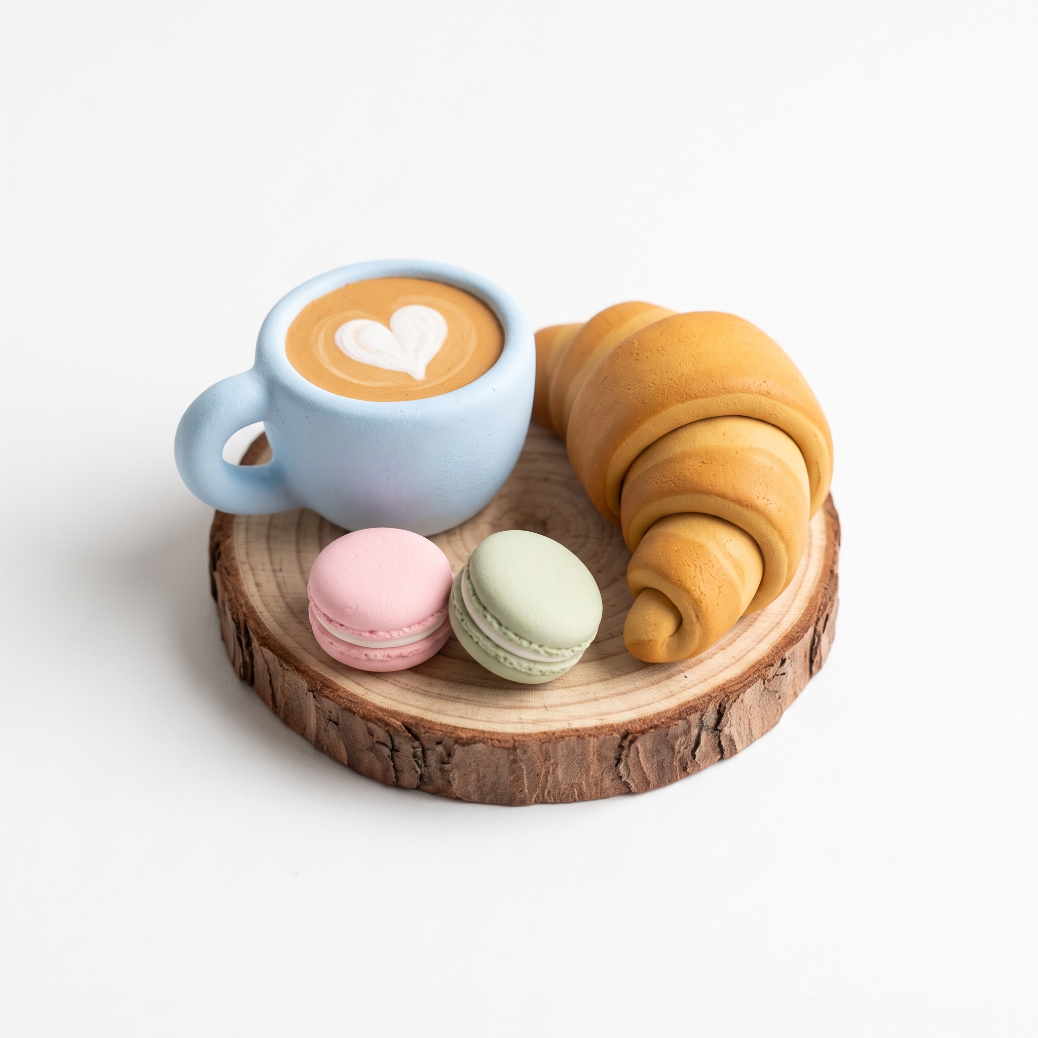 Artisan clay coffee cup, croissant and macaron desk set