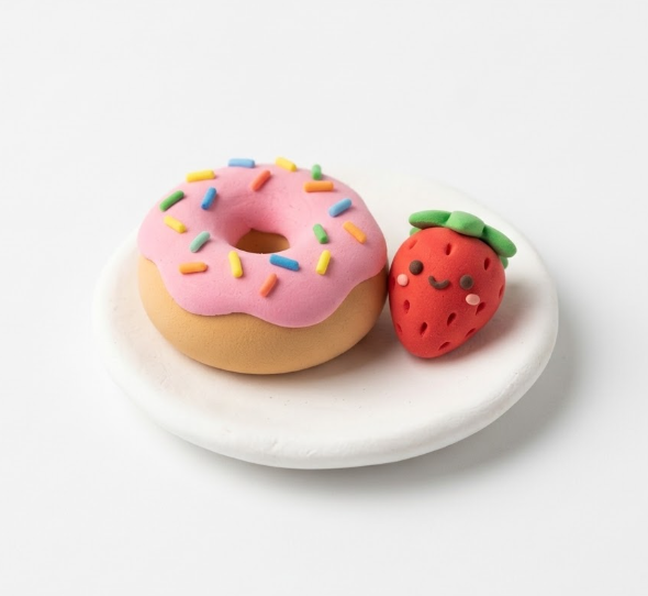 Miniature clay food and character sculptures