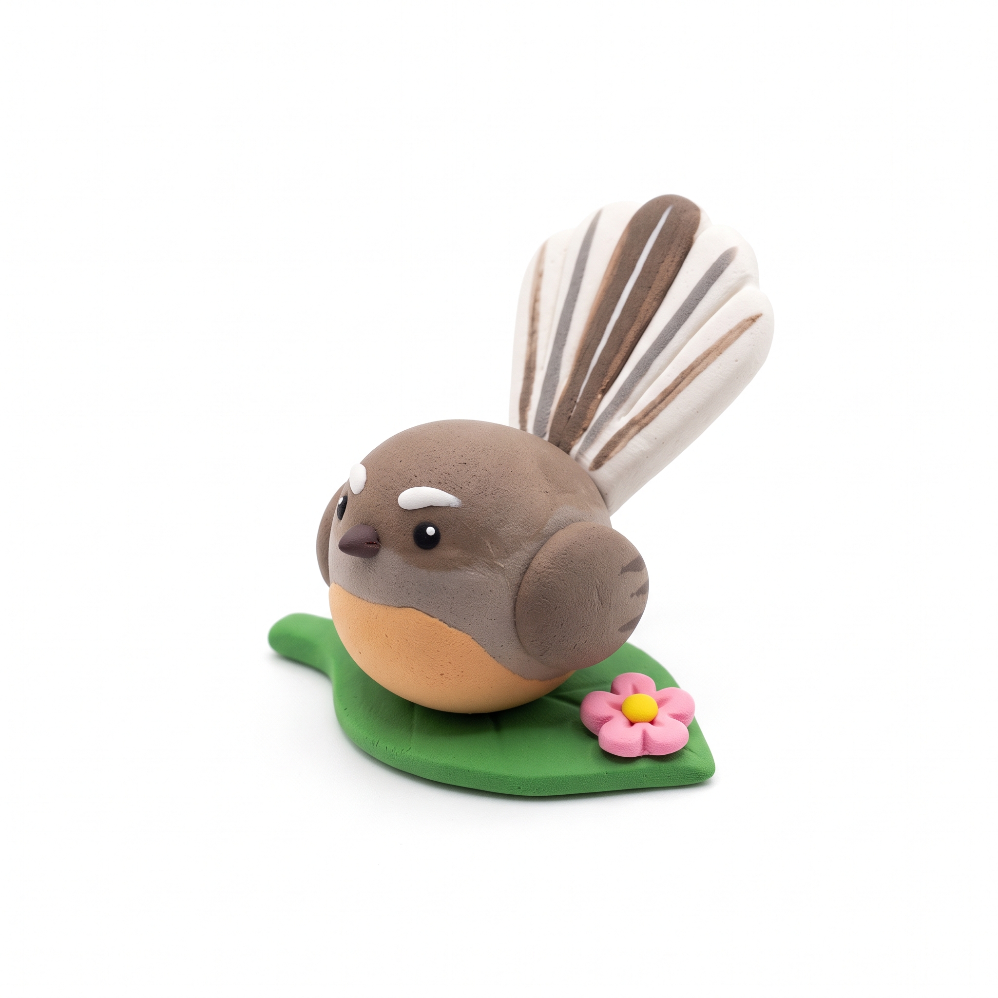 Clay Piwakawaka Fantail bird on leaf base