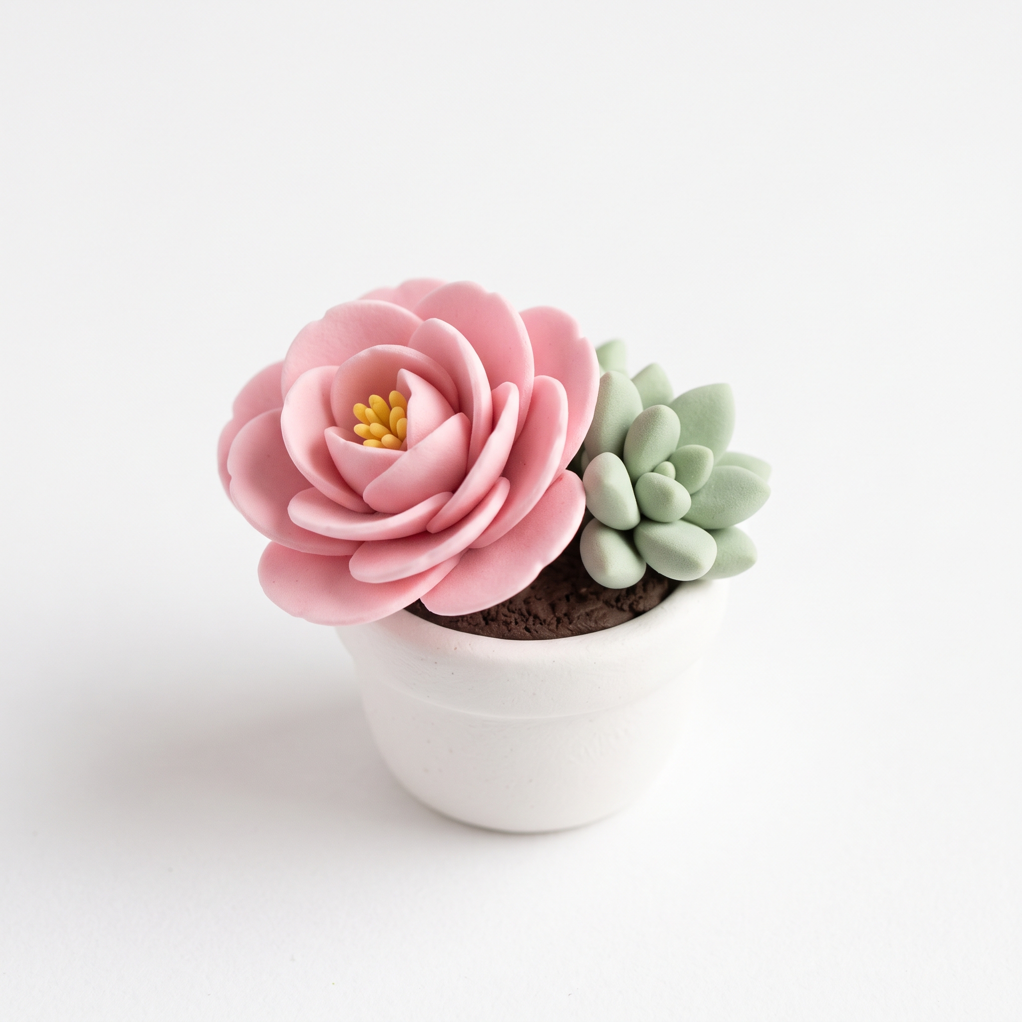 Clay camellia flower and mini succulent pot
